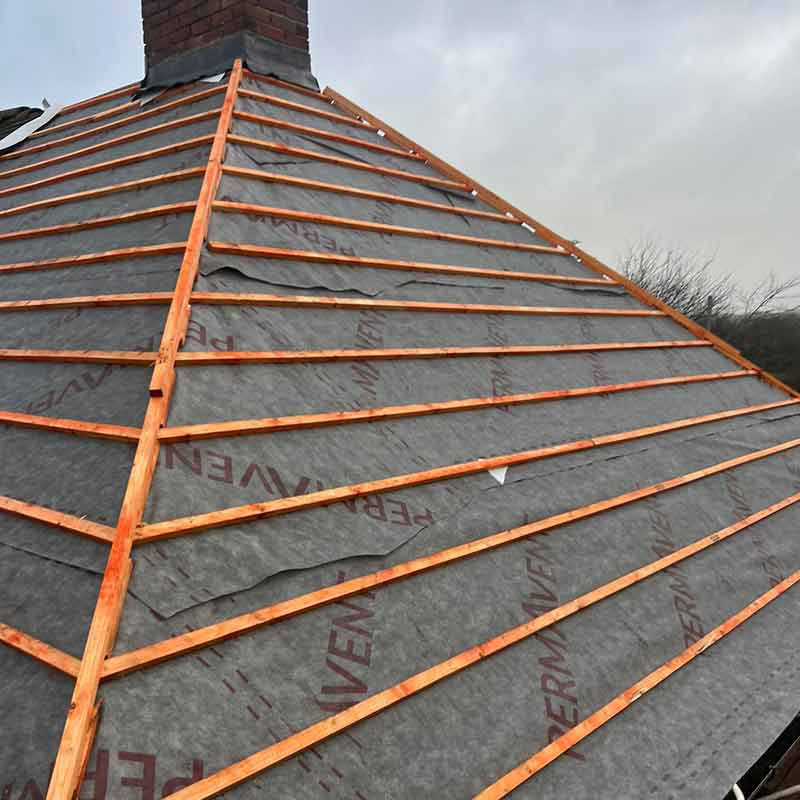Pitched roof replacement in Portsmouth with new breathable membrane and treated roof battens